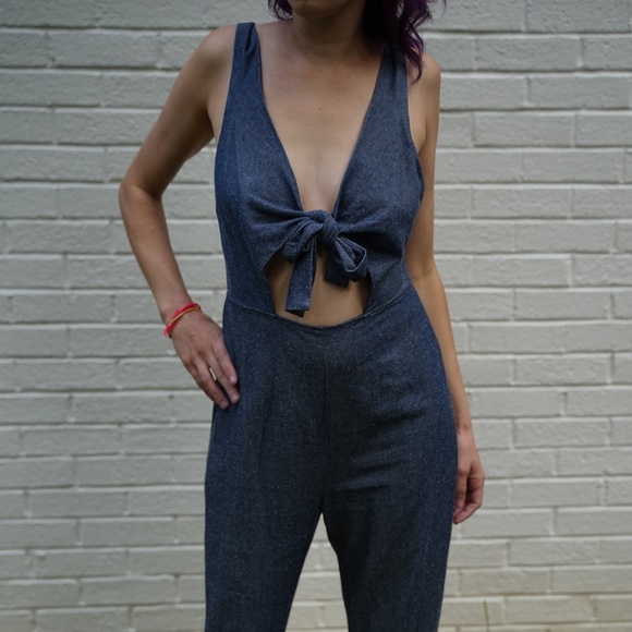 Solid and Striped Chambray Jumpsuit Romper - Picture 2 of 5